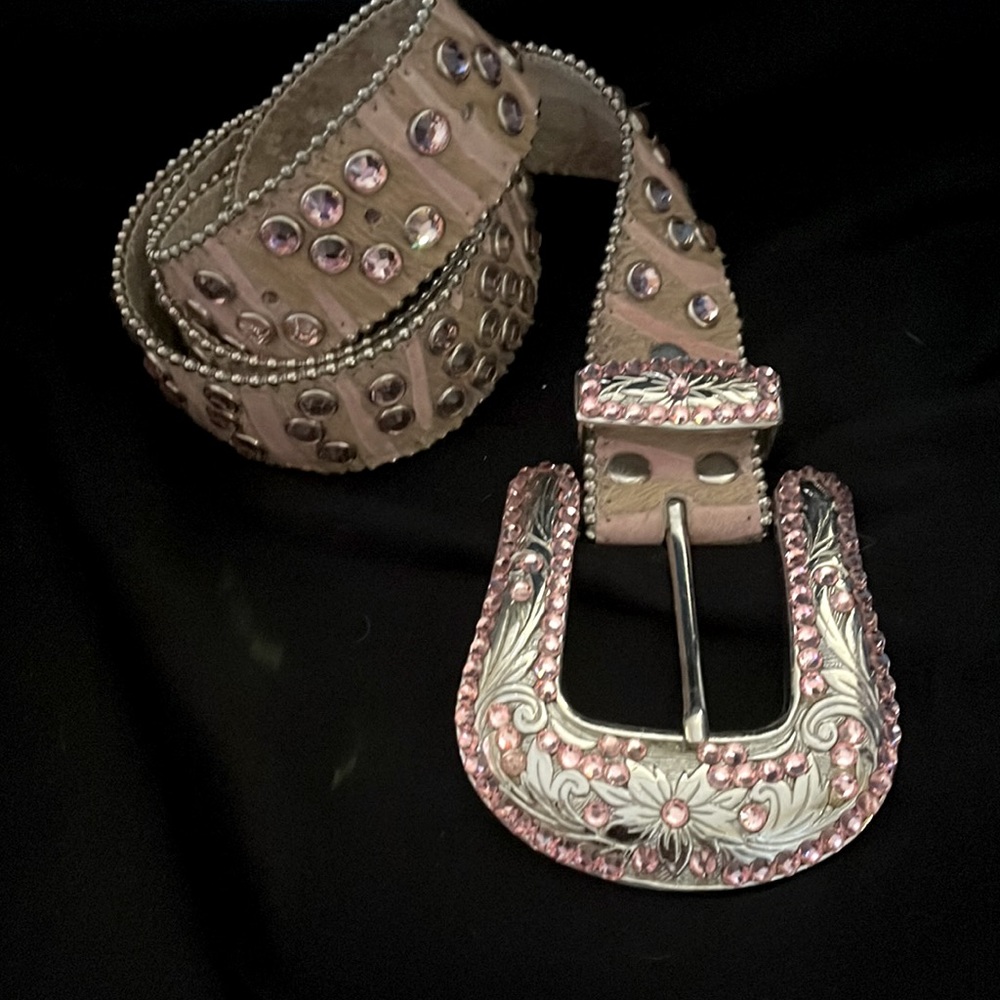 pink and brown pony skin belt with large Swarovski buckle